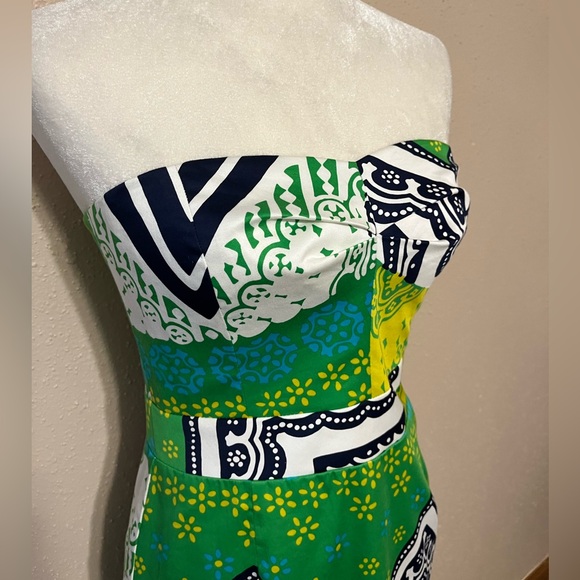 Sz 4 Trina Turk Green & Blue Strapless Sheath Mini Dress Mixed Pattern - Picture 8 of 17